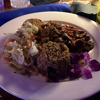 Soy chunks! I was expecting a stew, but it was not at all soupy, and came with generous sides of rice and cabbage    at The Russell in Hartford