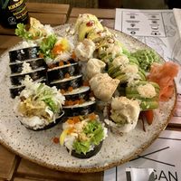 1 of 2 plates of Zestaw 5, which includes 45 pieces of sushi. 149 zł total for both plates   at Vegan Sushi Bar in Warsaw