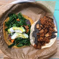 The flour tortilla, refried black beans, potatoes, and chorizo is where it’s at!  at TacoBilly in Asheville