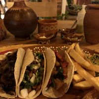 Tacos (mushroom, soy meat, grilled veg) and amazing fries   at La terraza 811 in Lo De Marcos