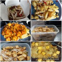 Vegan lamb starter, salt & pepper chips, schezuan chicken & tofu vermicelli at Hong Kong Vegan in Wakefield