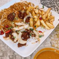 Salt and pepper lamb, salt and pepper chips, noodles  at Hong Kong Vegan in Wakefield