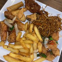 Salt and pepper chicken, salt and pepper chips, chicken drumsticks, chicken satay skewers, spring rolls, crispy wontons, salt and pepper prawns  at Hong Kong Vegan in Wakefield