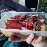 Garlic and coriander chicken with some salt and pepper vegan fish on top at Hong Kong Vegan in Wakefield