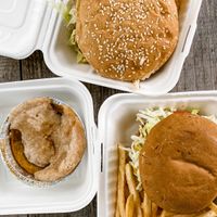 Burgers and fries + peach cobbler  at The Trashy Vegan in Asheville