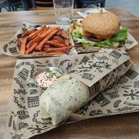 Toronto wraptor, double cheese vacon and sweet potato fries.  at Mad Mad Vegan - Lavapiés in Madrid