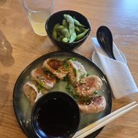 Gyoza pierogi. Edamame and Yuzu kombucha. at Yami Vegan Sushi in Katowice