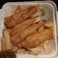 Twisted Wheel (battered banana blossom, mushy peas, chips, tartare sauce) at Northern Soul Chip Shop in St Kilda