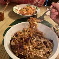 Hong Kong noodles, a big portion (I ate every bit as it was so delicious) lots of fresh veg and fab flavours) the chilli sauce on the side was homemade (I think) and perfect too.   at The Green House in Santiago De Compostela