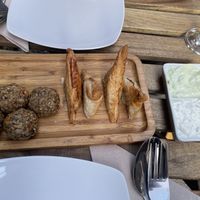 Rice balls and bean puffs  at The Green House in Santiago De Compostela