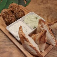 Korean rice balls, mexican bean puffs at The Green House in Santiago De Compostela