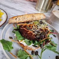 Bagel with root beer patty and cream cheese at LUUC Café in Karlsruhe