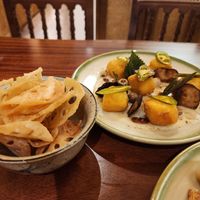 Fried lotus roots. Fried tofu in lotus seed paste at Sente the Flavour of Lotus in Hanoi