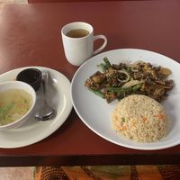 Cabbage-Carrot Soup, Crispy Tofu Stirfry, Rice and Jasmine Tea at Dragon Thai & Vegetarian Cuisine in Denison