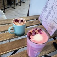Pink flamingo and white hot choc   at Love Peace & Coffee in Edinburgh