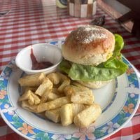 Vegan burger and yuca fries $5 at Rinconcito Vegano in Boquete