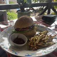 vegan burger with fries  at Rinconcito Vegano in Boquete