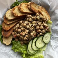Vegan chic pea salad. Bread was chewy but yummy. I highly recommend it!   at Dedicated in Tucson