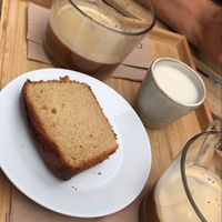 Lemon cake and oat milk coffee at Maison Watson in Angers