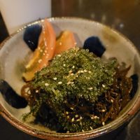 Mozuku+sea grapes in sesame oil at Tamatebako in Naha