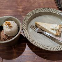 Passion fruit raw cake and Coconut ice cream (walnuts and chocolate) at Tamatebako in Naha