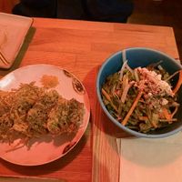 Seaweed Tempura (Left) and Noodle dish Ma Jiang Mian!   at Tamatebako in Naha