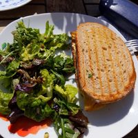 omelette with humus and veggies inside bread slices and salad at tea and V in Sylt