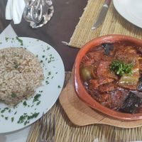 Aubergine Musaka & spiced rice at Sufra in Rabat