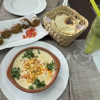 Falafel with tahini, hummus, bread and a drink.  Bread comes free.  at Sufra in Rabat