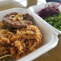 Spaghetti, Great Rice, Vegan Protein, Salad. 5/5 $8.50 at Fela's Vegetarian Restaurant in San Juan