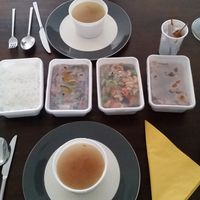 The 2 person menu: 2 boxes of rice, 3 boxes of other items, some sate and (not in pic) a big tub of chicken soup.  at Soy in Utrecht