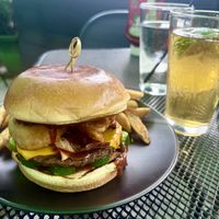 Burger with Onion Rings and BBQ Saucee  at Element Gastropub in Raleigh