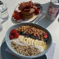 Sunshine Smoothie Bowl and pancakes (not vegan)  at Ebike Cafe at Deheers in Weymouth