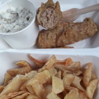 All vegan battered sausage, chips and tartare sauce at Capplemans Restaurant in Pickering