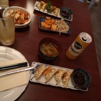 Gyozas for starters, kimchi and drinks at Yoshi Sushi in West London
