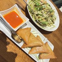 Yea leaf salad and samusas   at My Burma in Davis