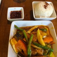 Burmese Mix Vegetables Curry (vegan) with Coconut Rice and Hot Chili Oil  at My Burma in Davis