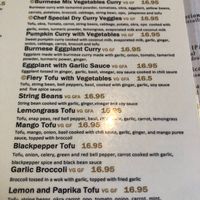 Vegan friendly section of menu at My Burma in Davis