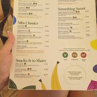 Menu. V=Vegan & VG=Vegetarian at Nibs Healthy Bar in Menorca