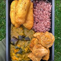 Box meal. Curry, jackfruit nuggets, plantain dumplings, and rice & peas at Caribbean Kitchen in Stourbridge