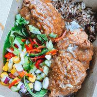 Jackfruit nuggets, jerk gravy, salad and rice & peas at Caribbean Kitchen in Stourbridge