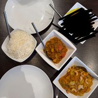 Top dish was meat … the others were mushroom bhaji and a cashew badami   at Sid's Spice in Brora