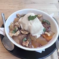 Apple and peach crumble with walnuts and vegan ice cream  at Bonnard in Paris