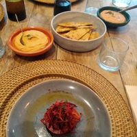Tomato, carrot and herb starter each and chickpea flat bread, butter bean and pepper dip for 3 of us to share at Dane & Port - Natural Kitchen in Bournemouth