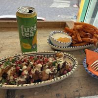 Fried cauliflower (decent, slightly spicy) and sweet potato fries with a tahini sauce (very good) at FLFL - Utrecht in Utrecht