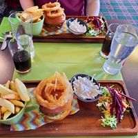 Falafel and spinach burger with onion rings, chips, veg and slaw at Station Hotel in Portsoy