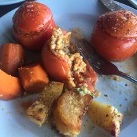 Stuffed Tomatoes (vegan); comes with carrots and lemon potatoes. Delicious dish, and the potatoes were unforgettable! at The Greek in Ventura