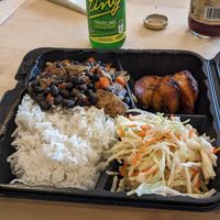 Jerk tofu, slaw, plantains, and rice. Ting soda and sorrel drink. at Yardie Ting in Portland