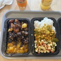 plantains, jerk tofu w/ black bean, mango chutney, white rice, coconut chickpea curry, pineapple salsa  at Yardie Ting in Portland