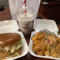 Original project chik’n sandwich, loaded tater tots, and cookies-n-cream oat shake  at Project Pollo - Crownhill in San Antonio